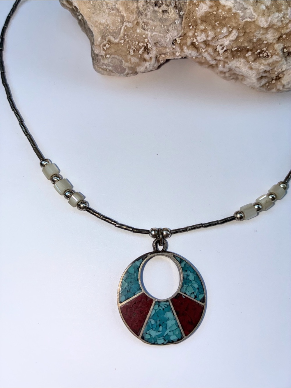 Vintage Turquoise & coral chips Inlay Pendant Beaded liquid silver Necklace 16”